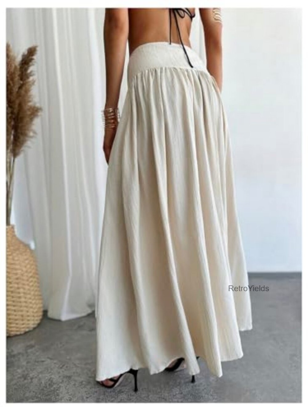 Women's High Waist Pleated Flowy Maxi Skirt with Pocket - Picture 2 of 6